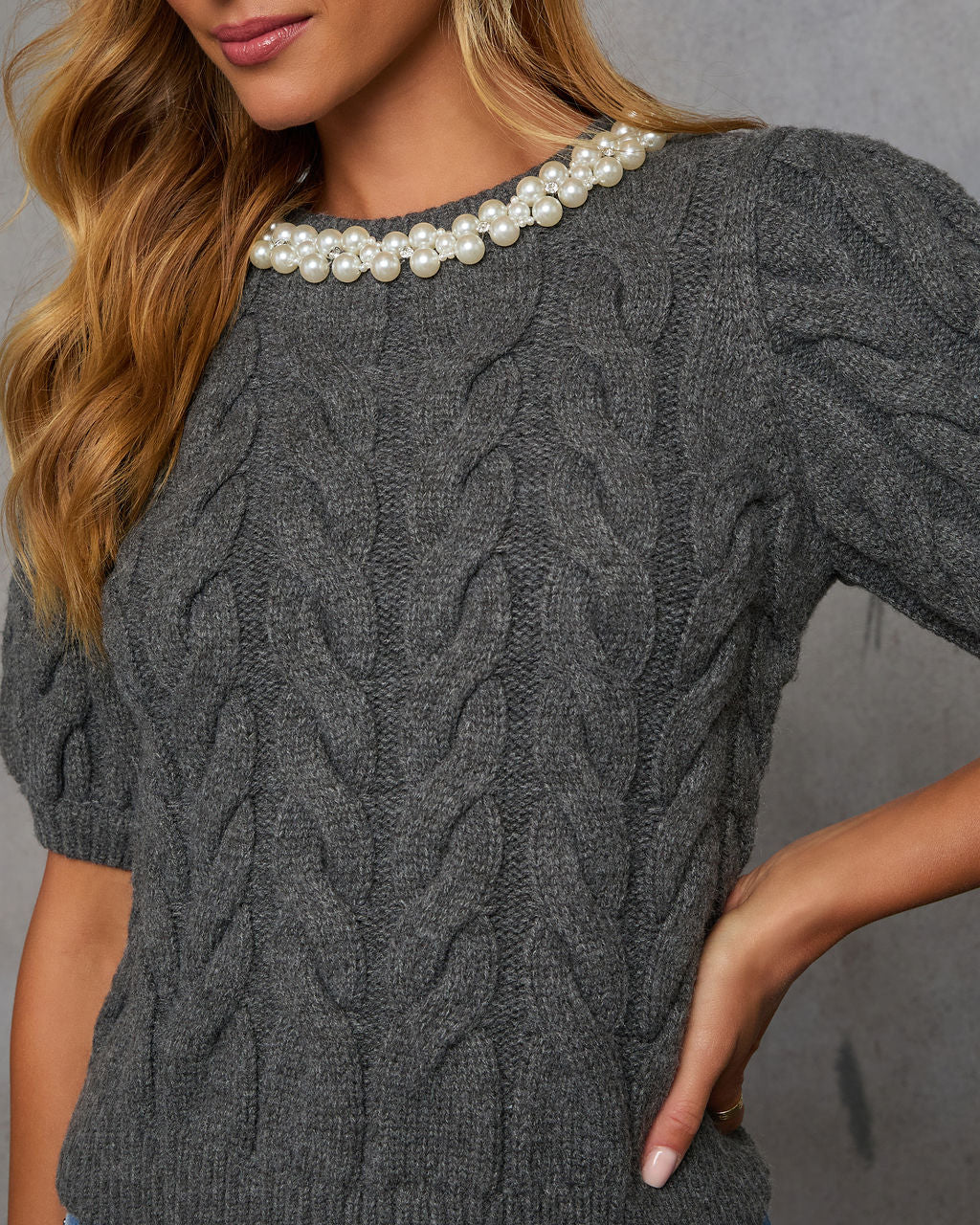 Ellena Pearl Collar Cable Knit Sweater