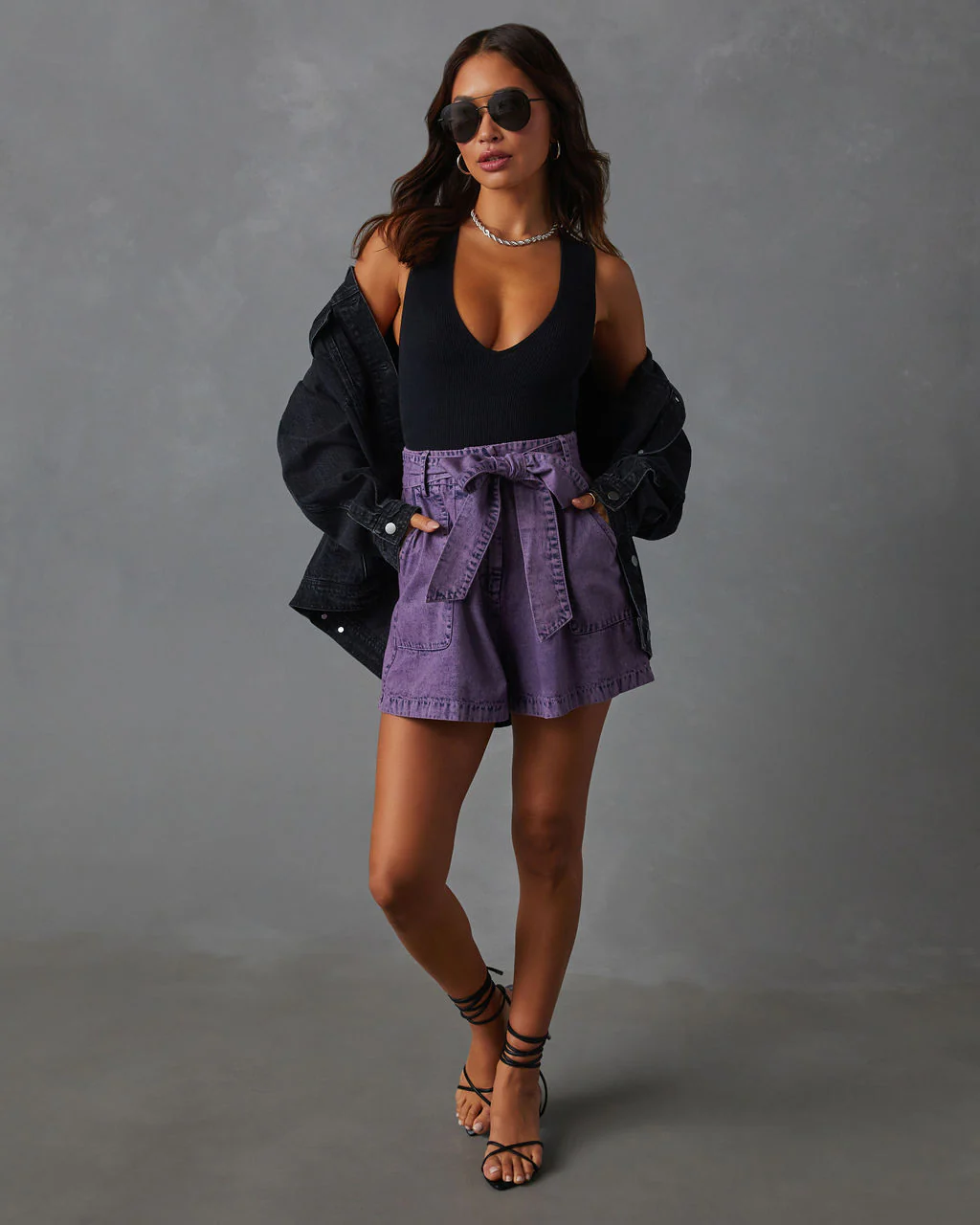 Milena Tie Waist Pocketed Acid Wash Shorts