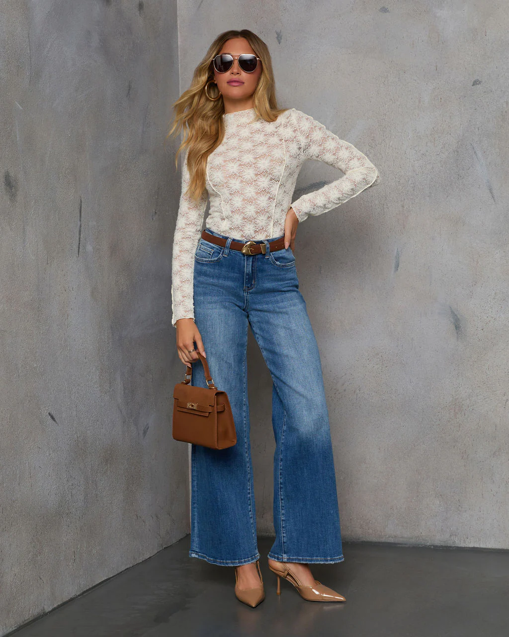 For Keeps Sheer Lace Mock Neck Top