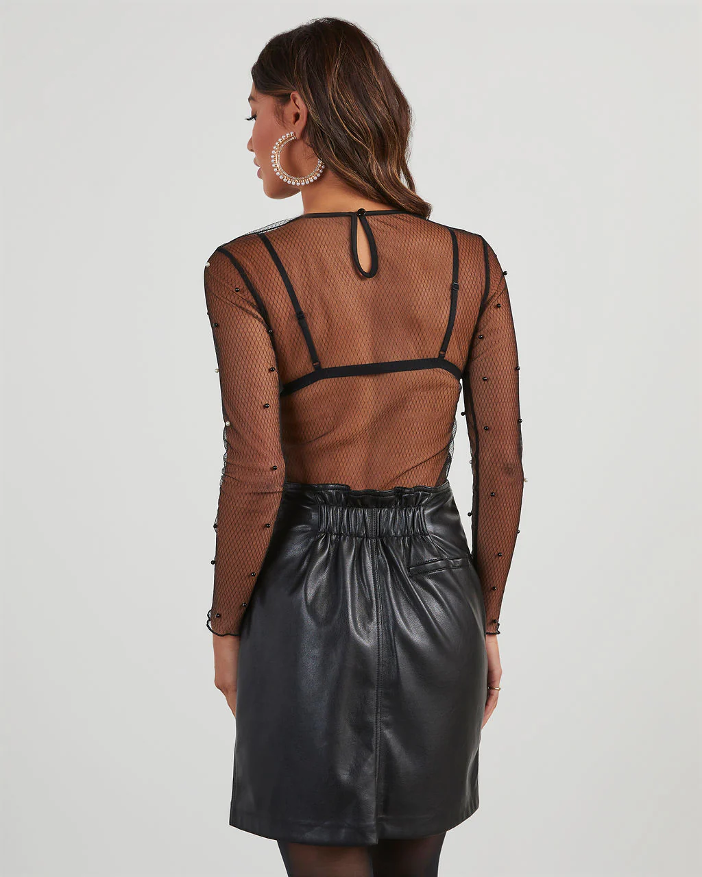 Nita Pearl Embellished Mesh Top