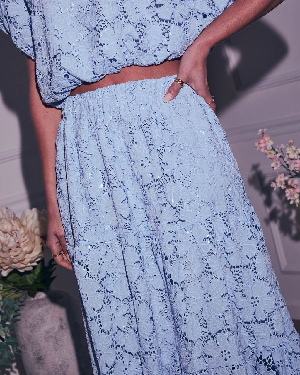 Morning Dew Floral Lace Midi Skirt