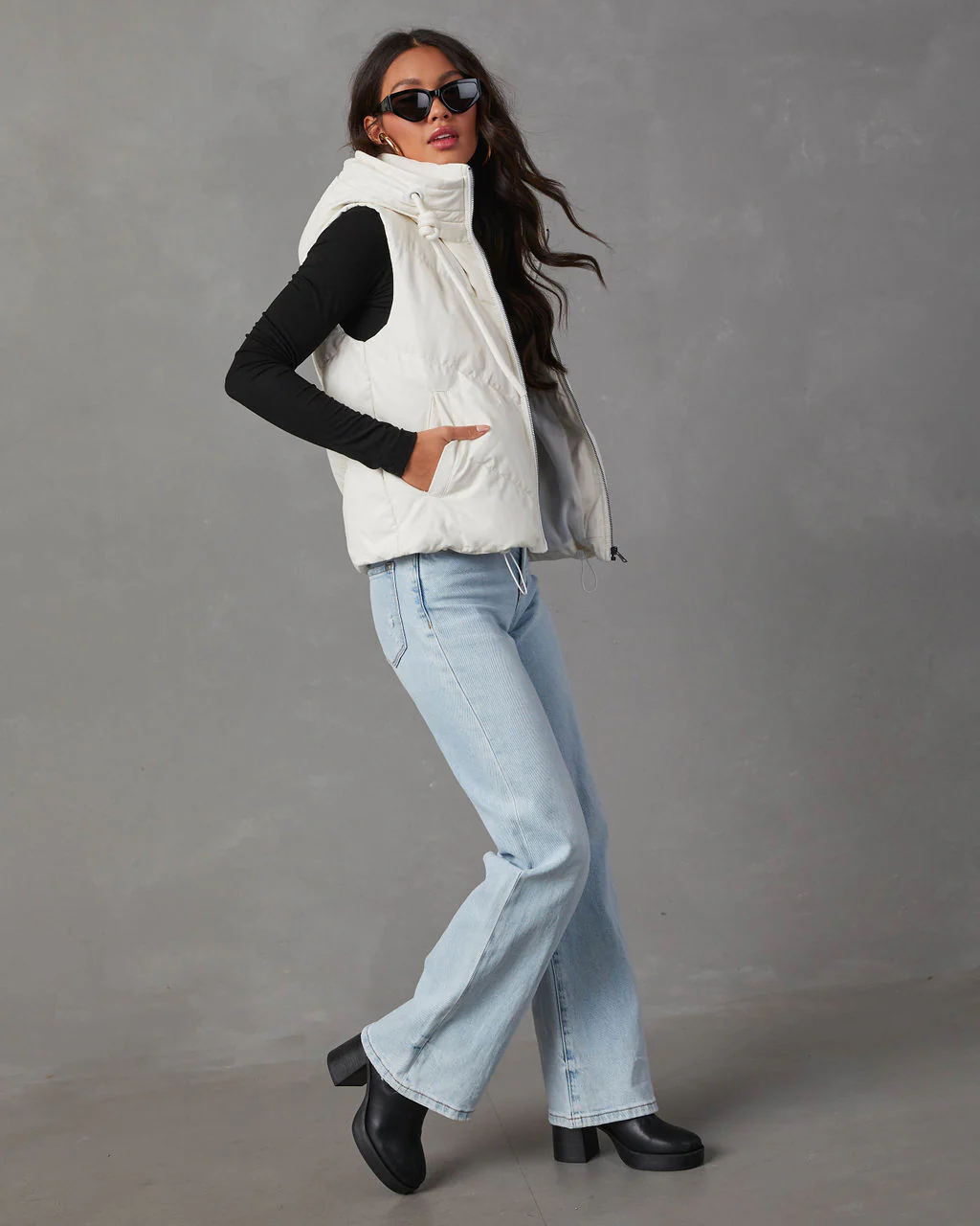 Shelton Pocketed Hooded Faux Leather Puffer Vest