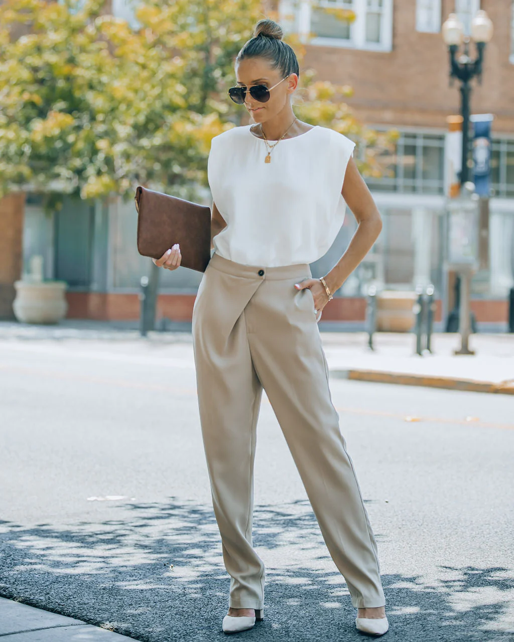 Uncommon Times Pocketed Asymmetrical Button Pants