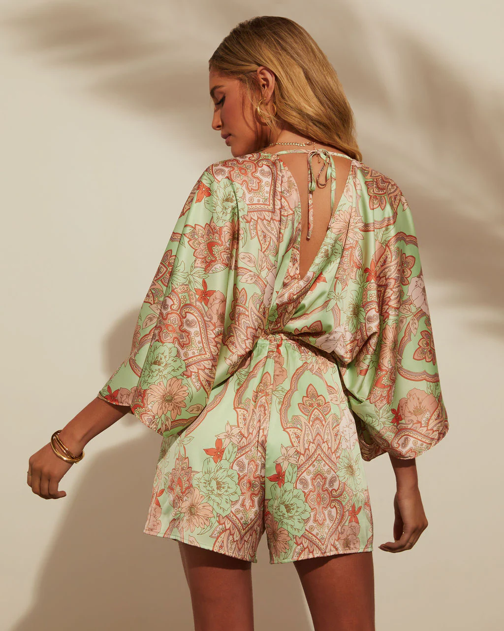 Jobelle Kimono Sleeve Printed Satin Romper