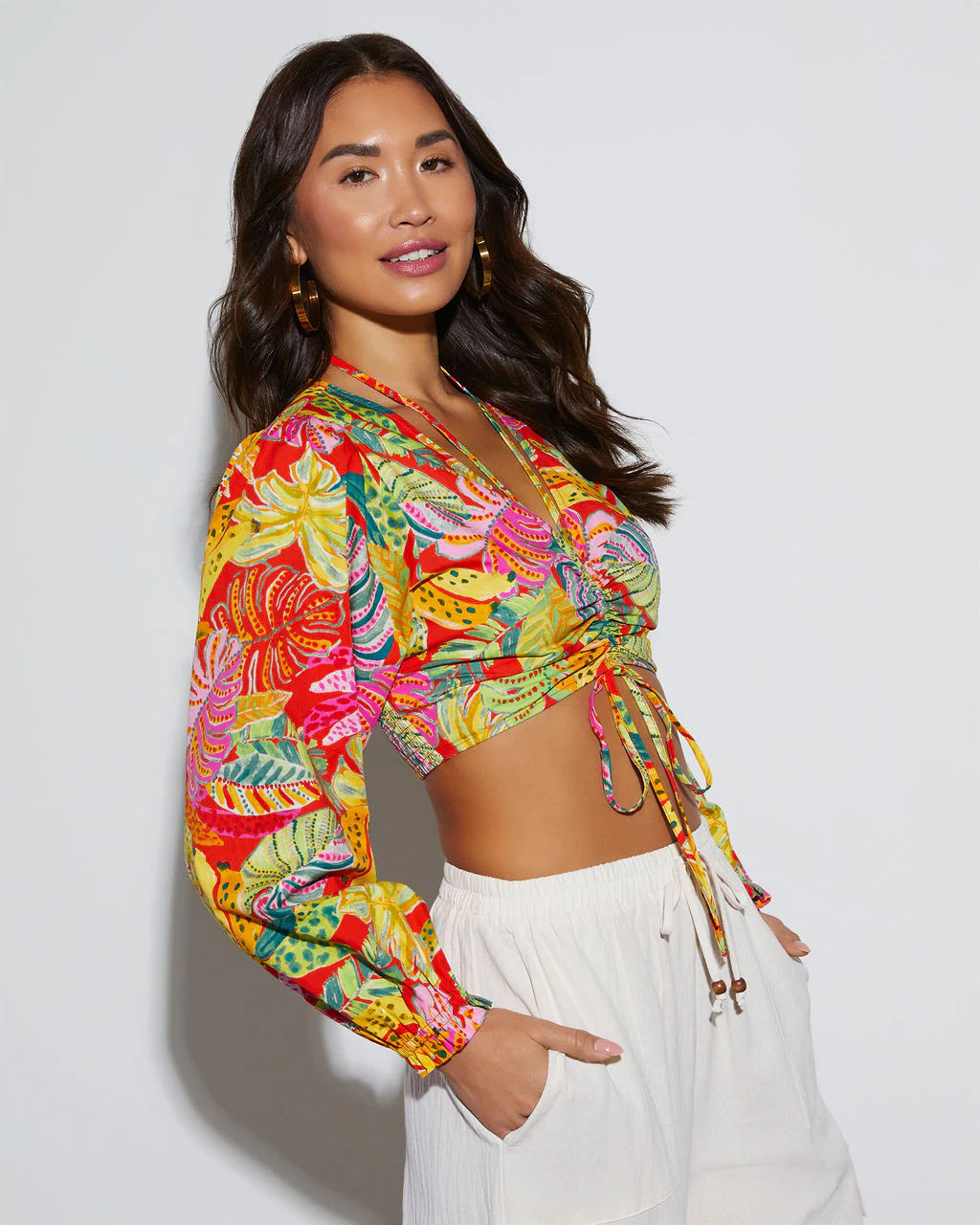 Kama Tropical Ruched Long Sleeve Top