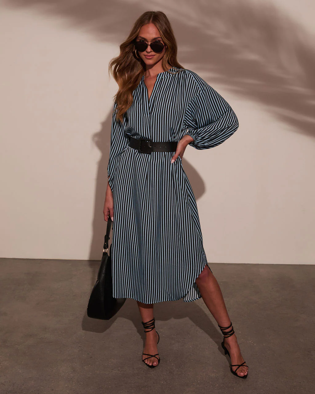 Dimarco Striped Pocketed Belted Midi Dress
