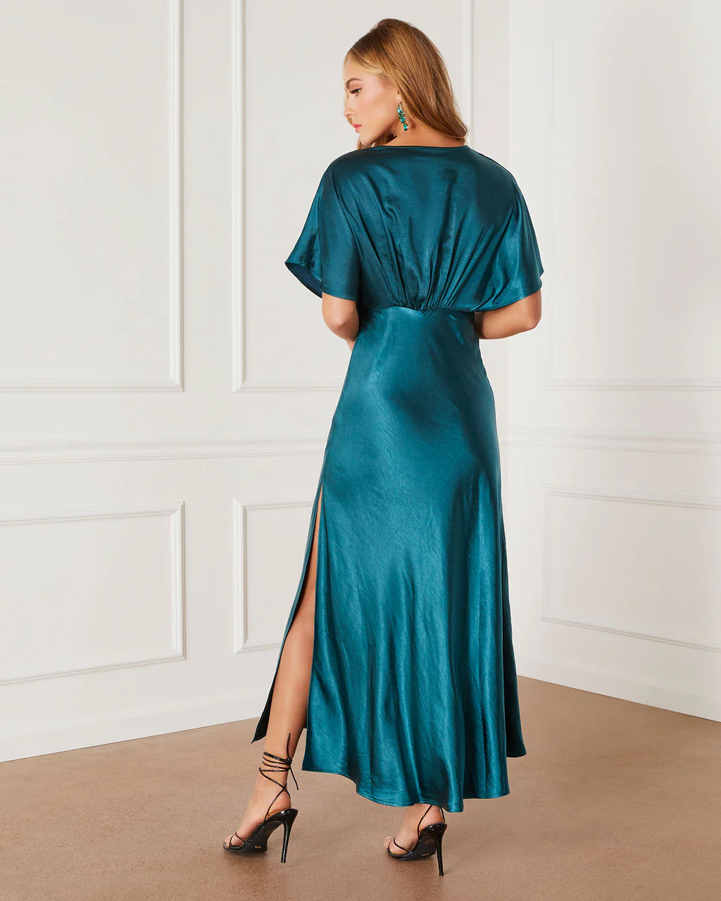 Theia Satin V-Neck Maxi Dress