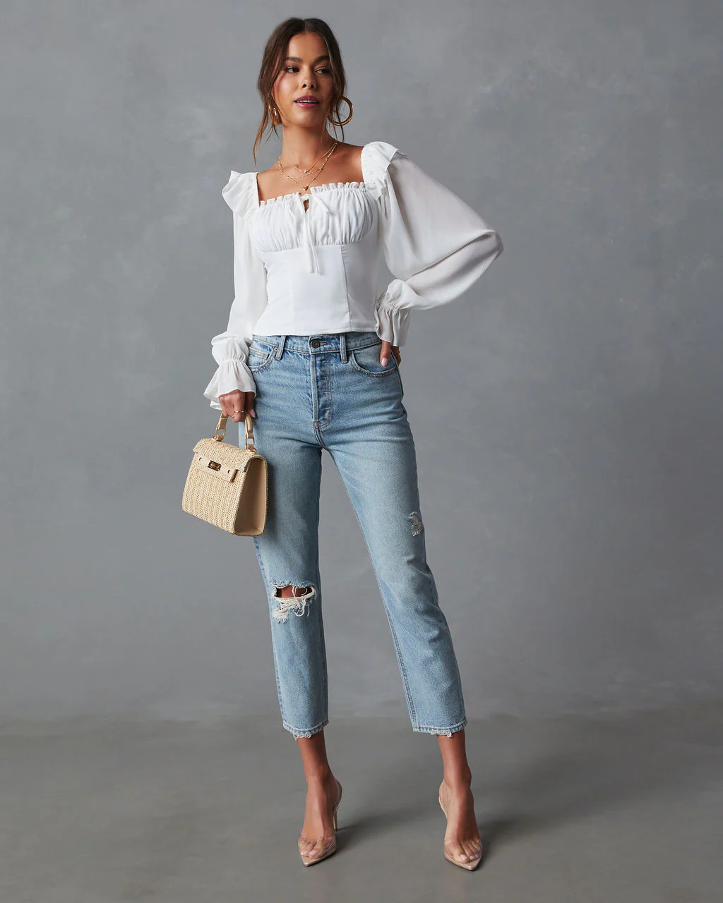 Julie Cropped Ruffle Shoulder Blouse