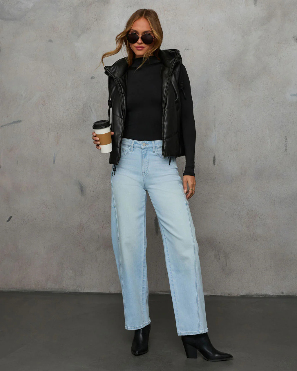 Shelton Pocketed Hooded Faux Leather Puffer Vest