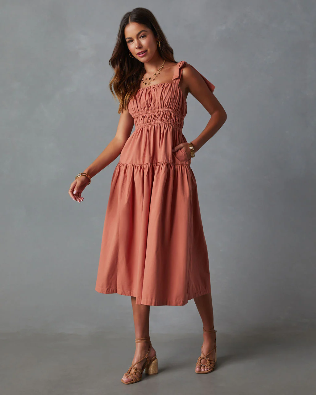 Briella Tie Shoulder Tiered Midi Dress