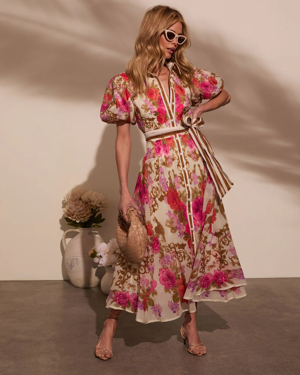 Meadowlane Floral Waist Tie Midi Dress