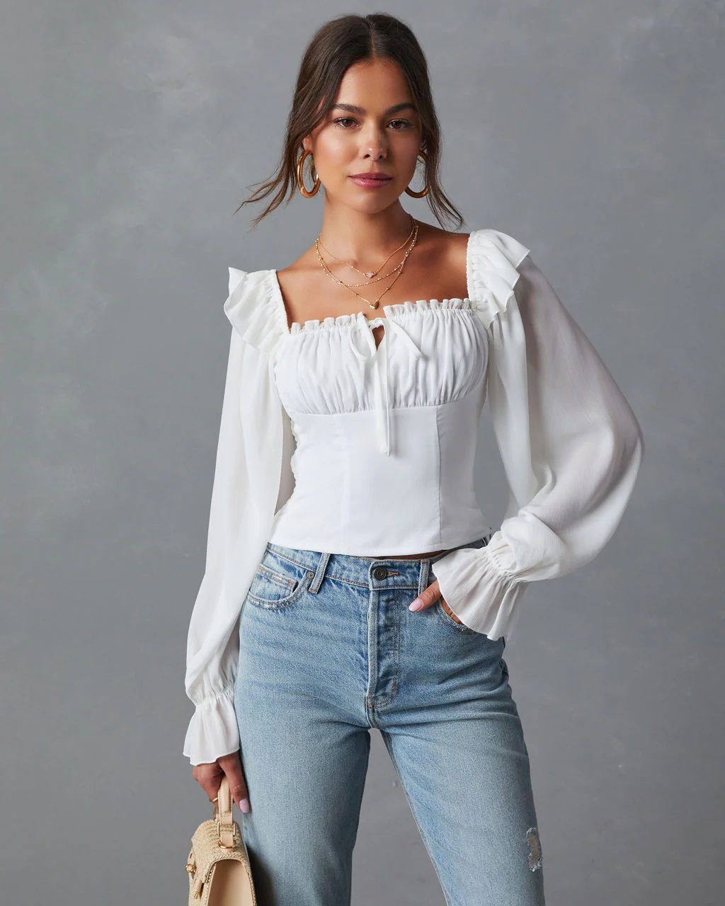 Julie Cropped Ruffle Shoulder Blouse