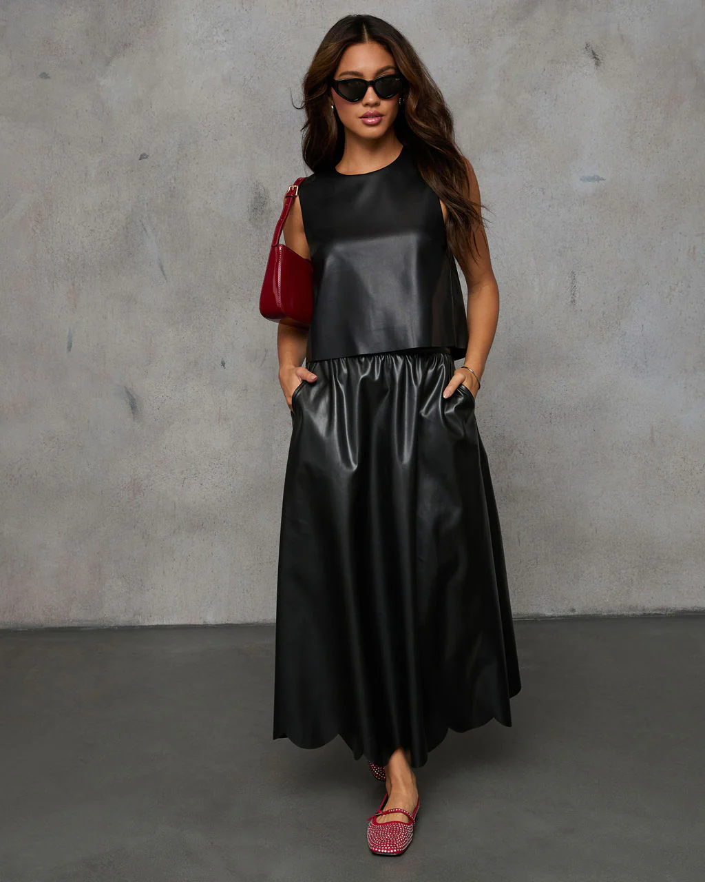 Susana Pleated Leather Midi Skirt