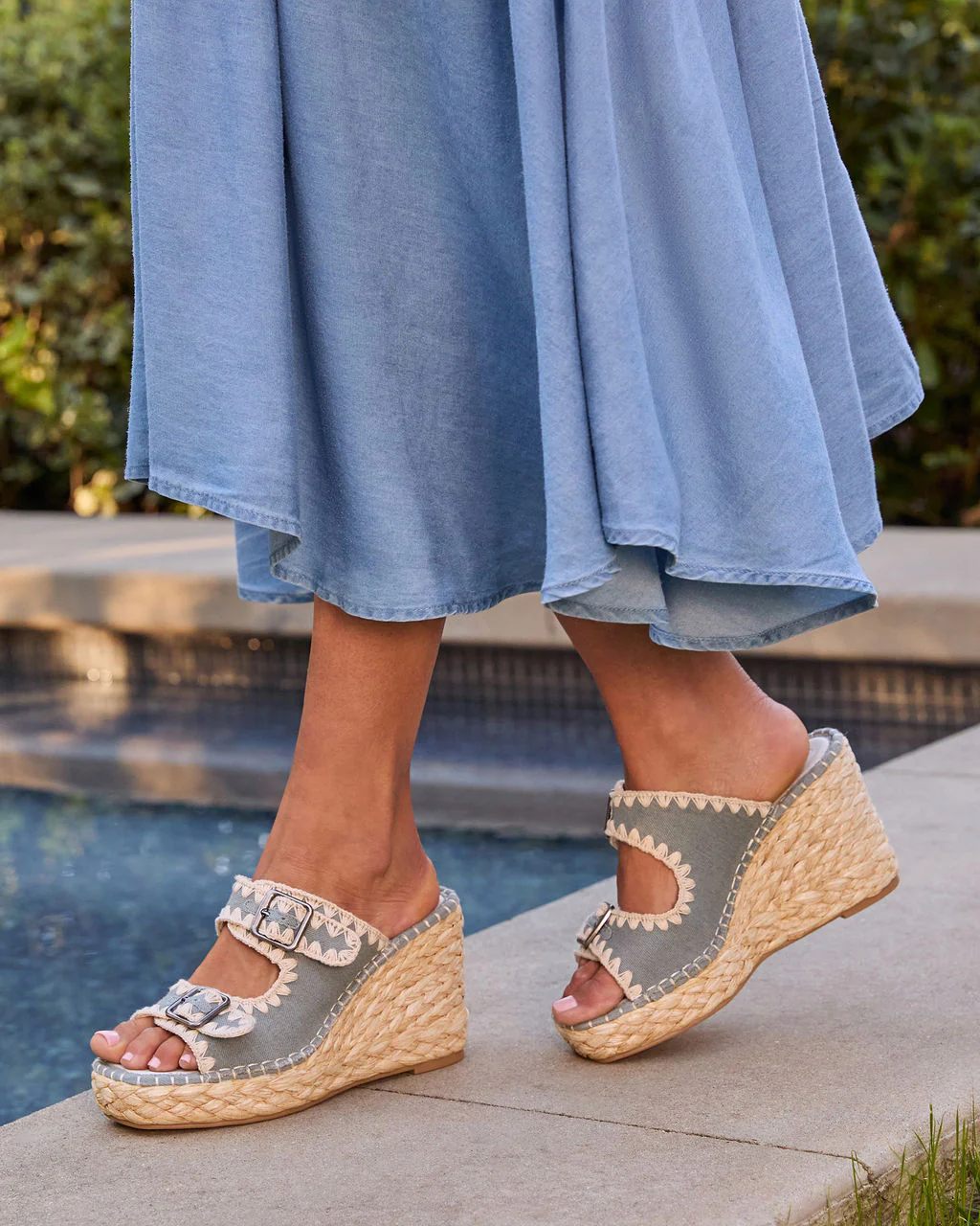 Roxanne Contrast Stitching Raffia Wedge Sandal