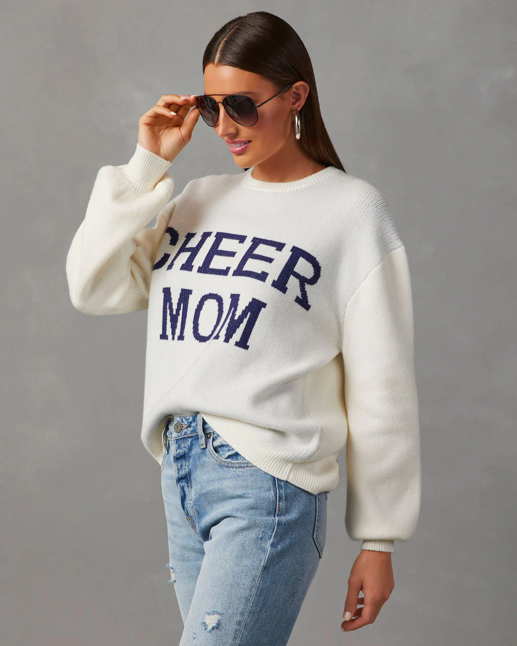 Cheer Mom Knit Pullover Sweater - Cream