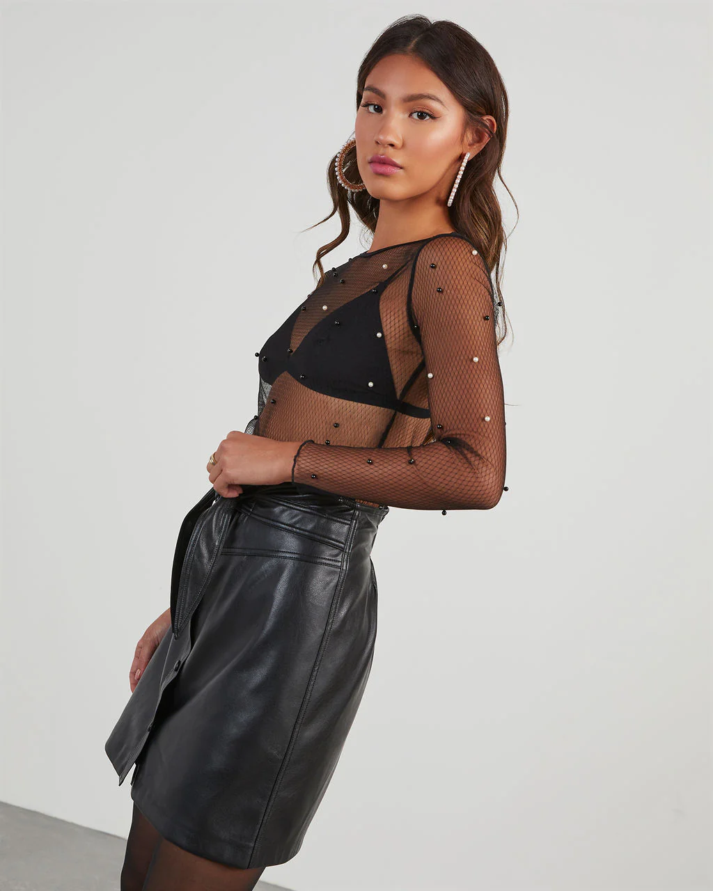 Nita Pearl Embellished Mesh Top