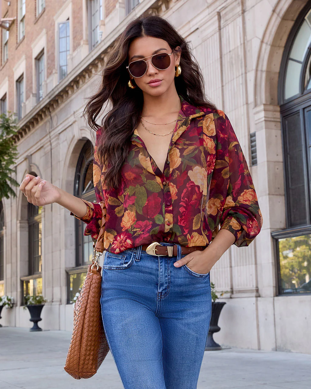 Sweet Maple Floral Mock Neck Blouse