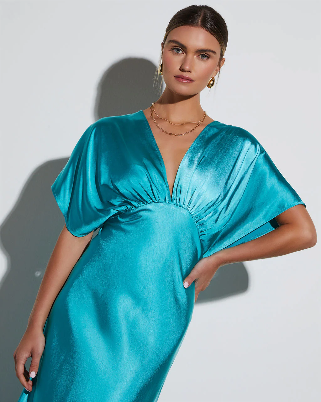 Theia Satin V-Neck Maxi Dress