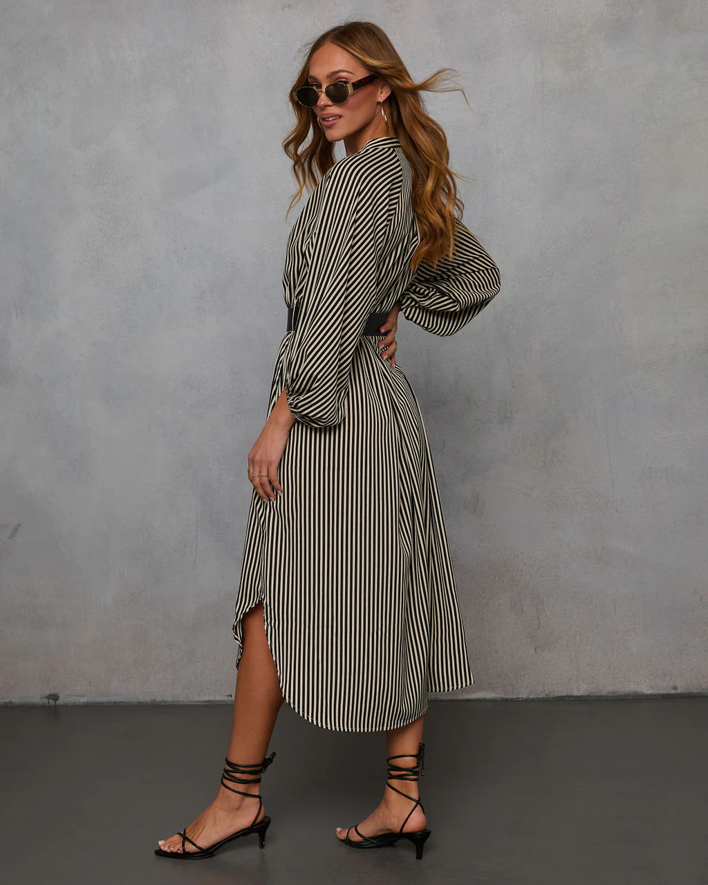 Dimarco Striped Pocketed Belted Midi Dress