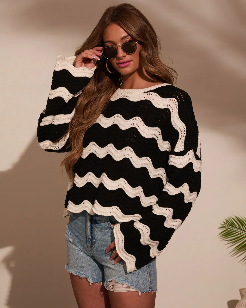 Janerio Wavy Striped Crochet Sweater