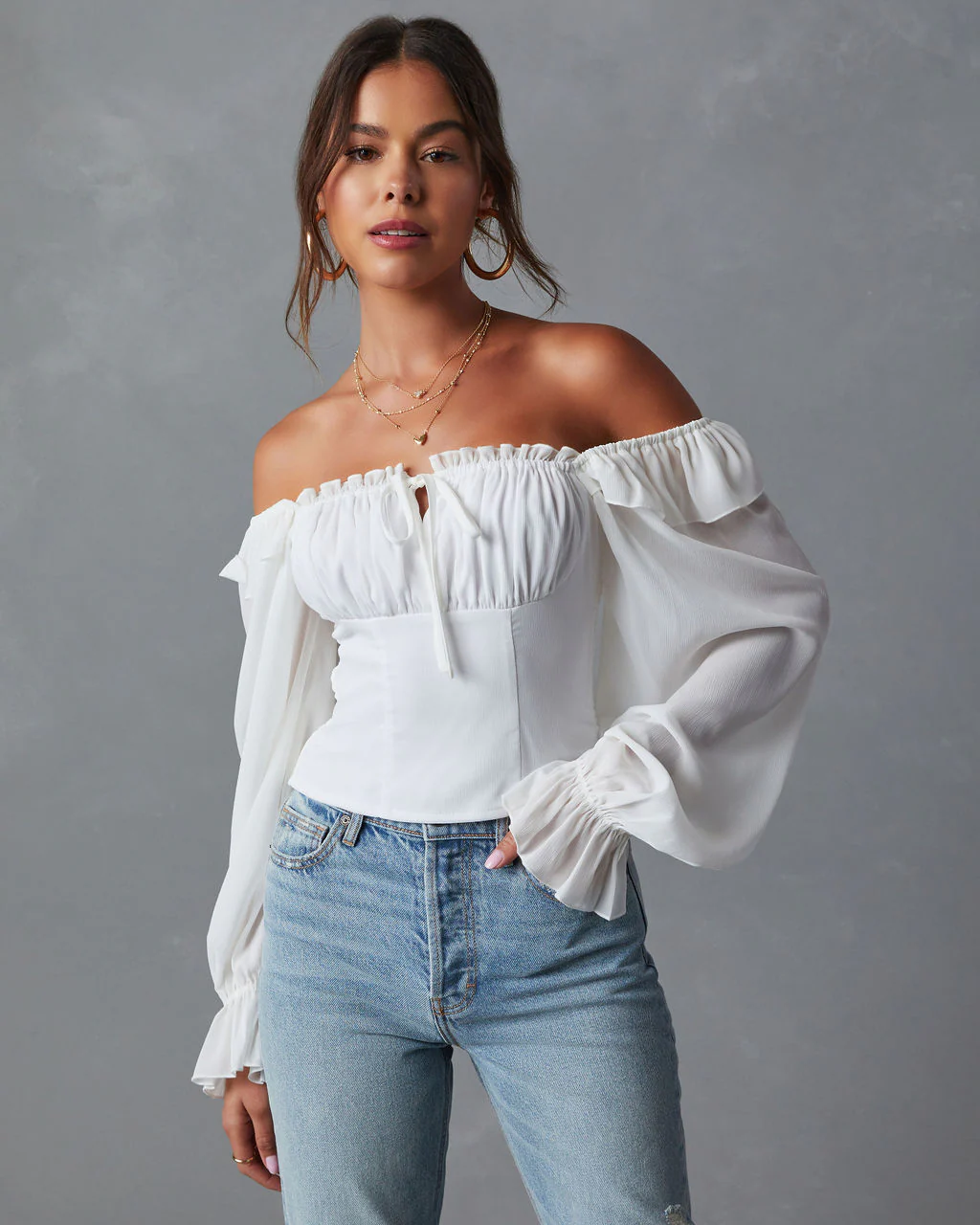Julie Cropped Ruffle Shoulder Blouse