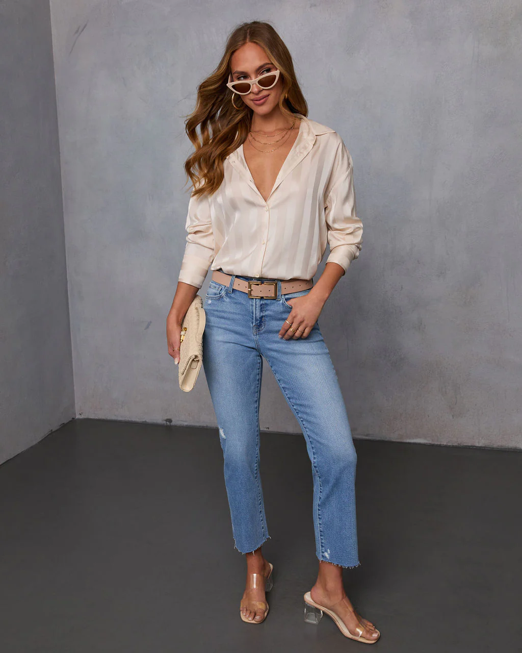 Una Striped Satin Collared Top