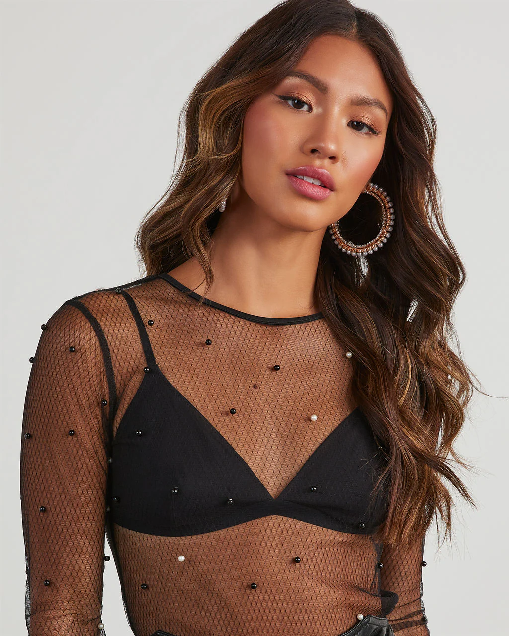 Nita Pearl Embellished Mesh Top