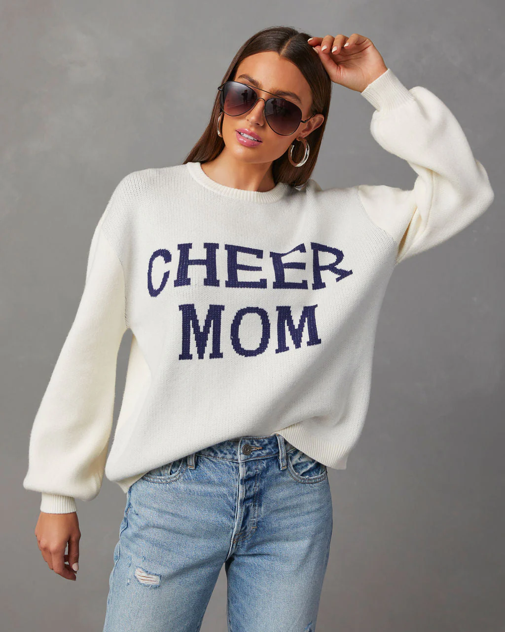 Cheer Mom Knit Pullover Sweater - Cream