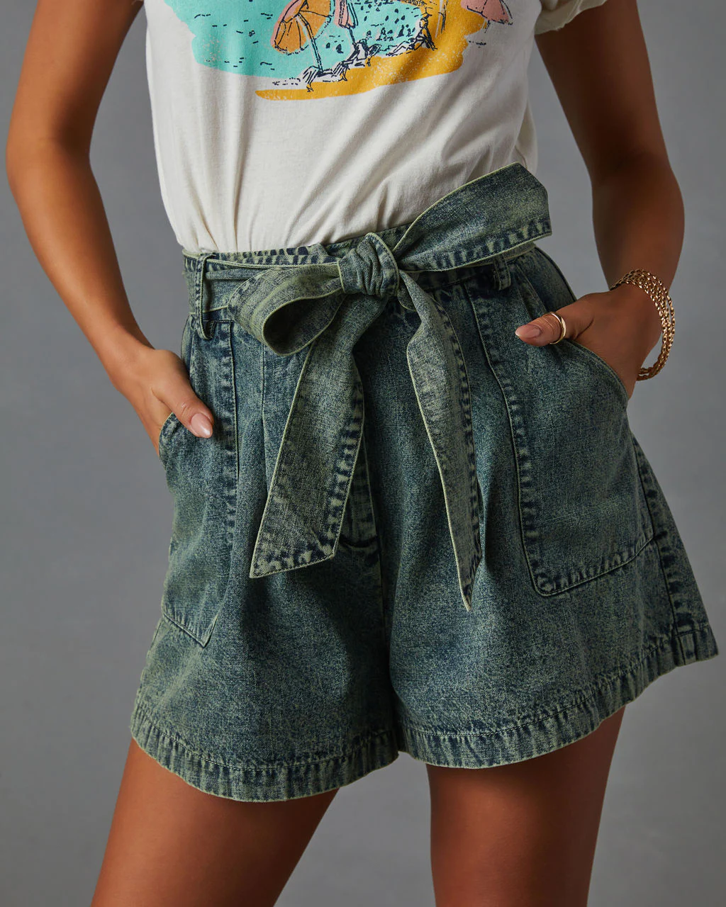 Milena Tie Waist Pocketed Acid Wash Shorts
