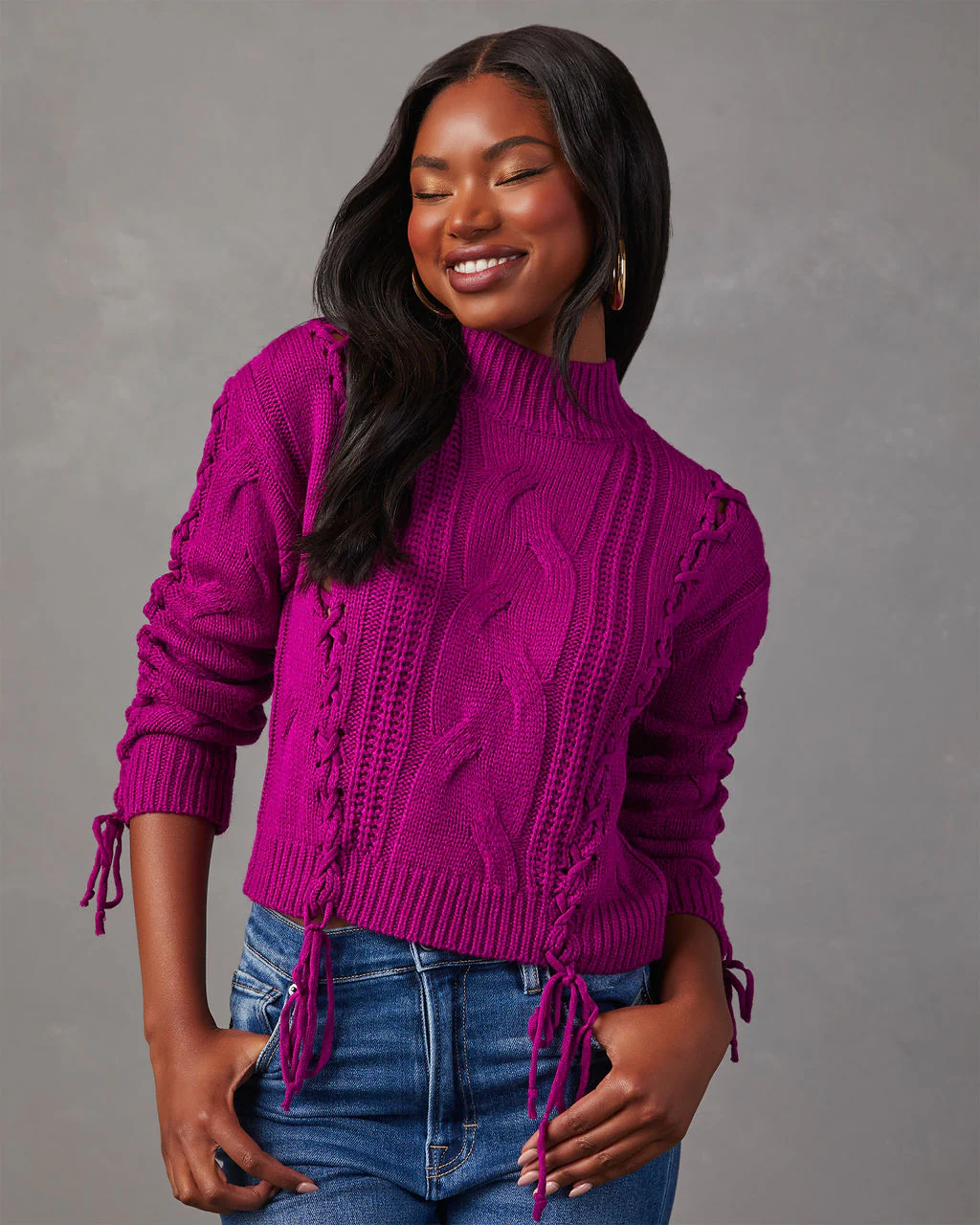 Camelia Mock Neck Lace Up Sweater