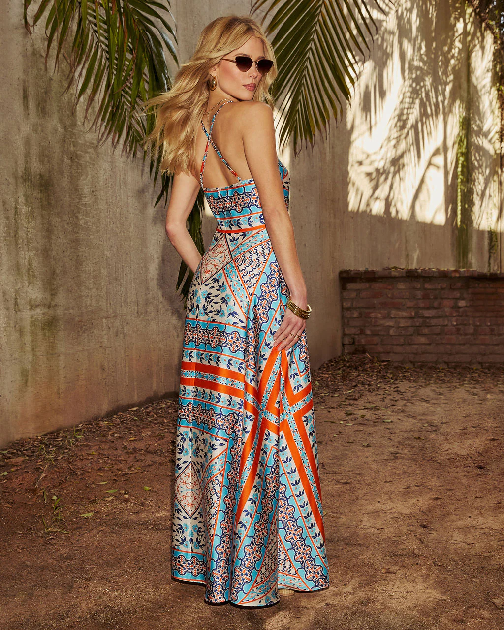 Valia Abstract Slip Halter Maxi Dress