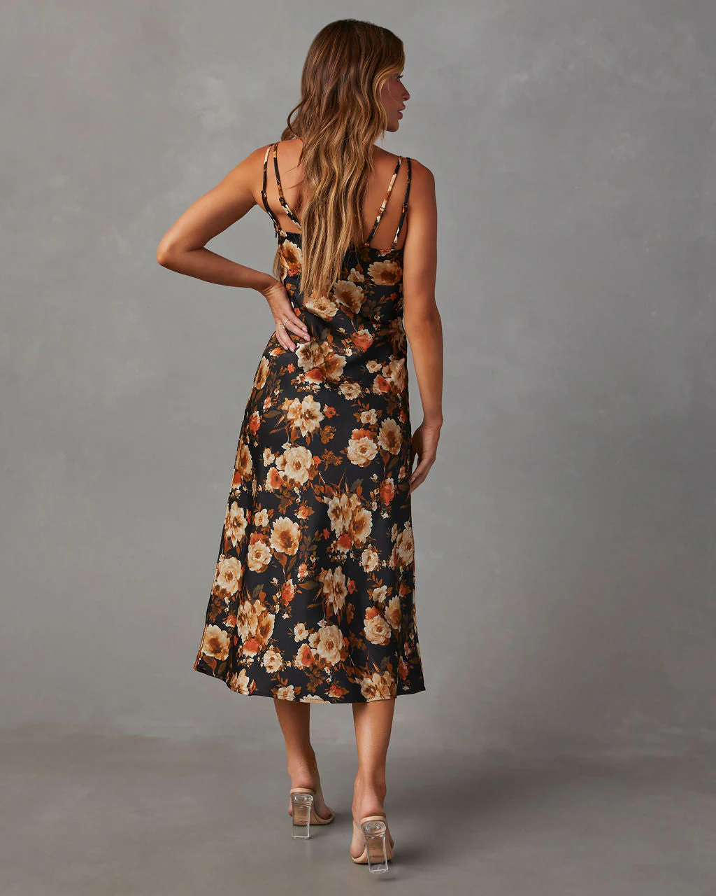 Sweet Sunflower Satin Floral Midi Dress