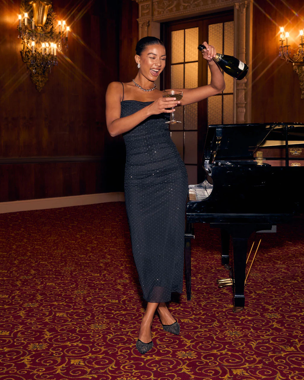 Cheers To You Embellished Mesh Midi Dress