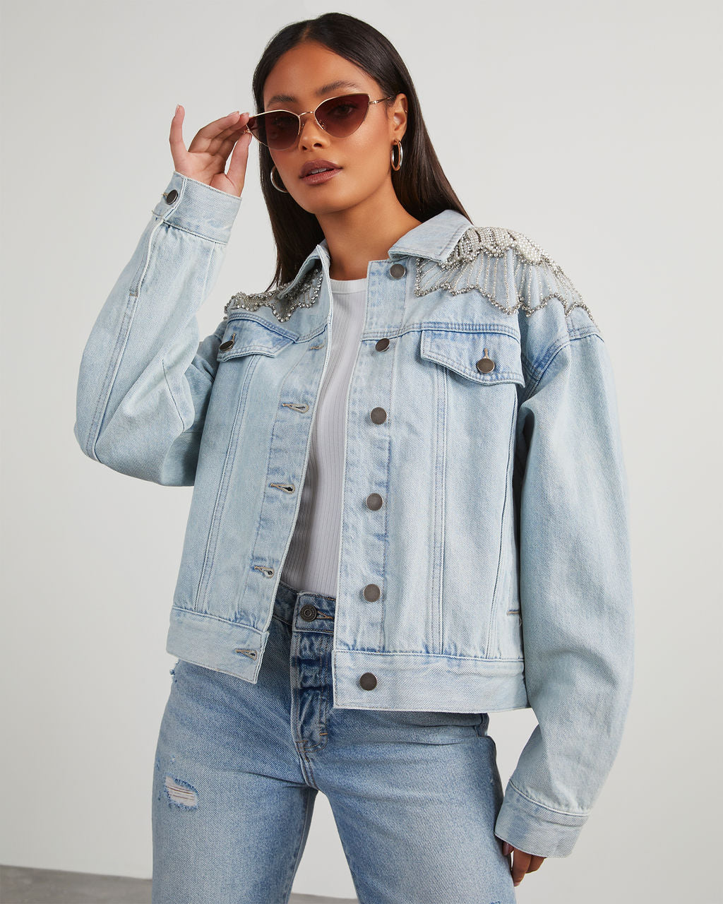 Delanie Pearl & Rhinestone Denim Jacket