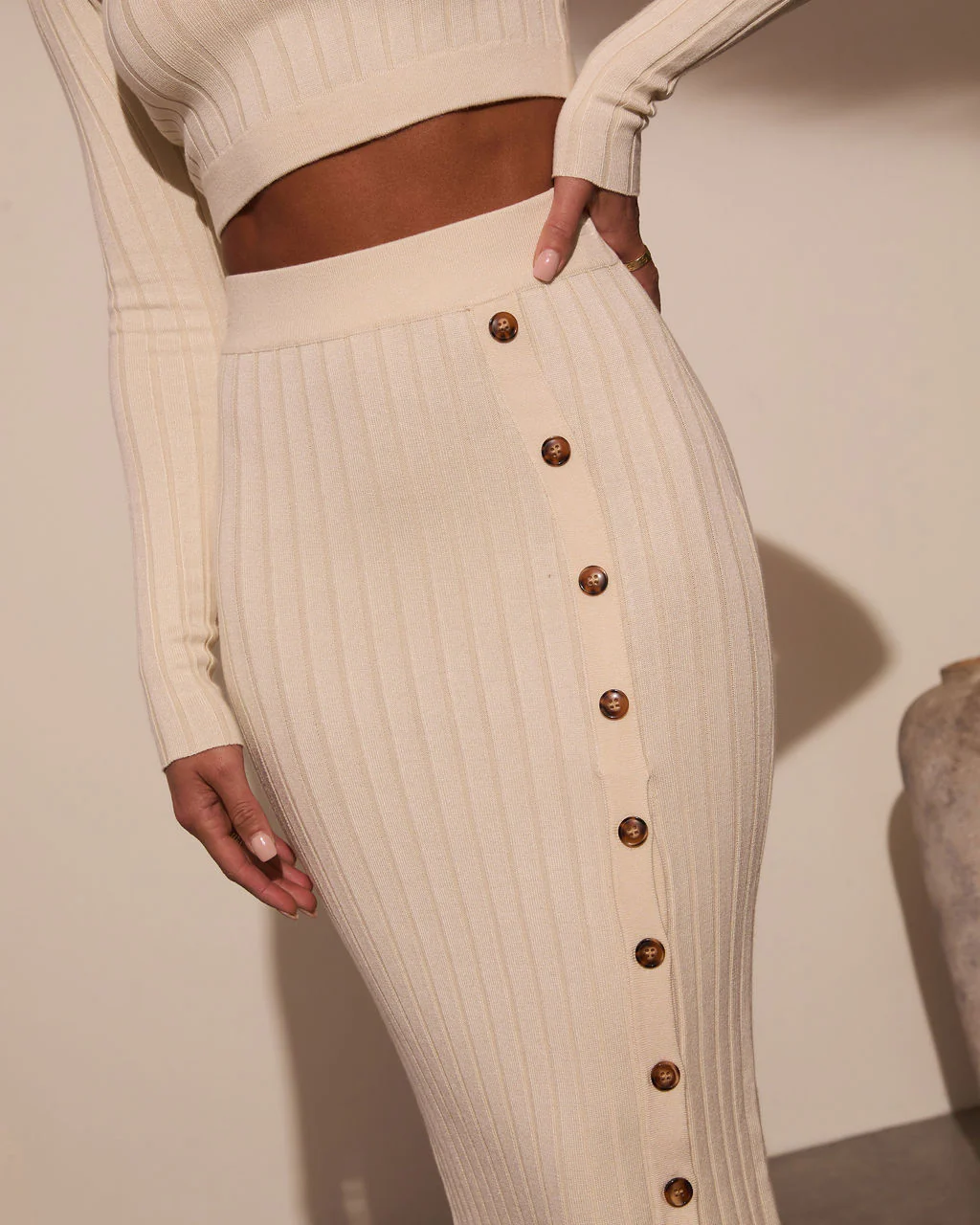 Morning Tide Ribbed Side Button Maxi Skirt