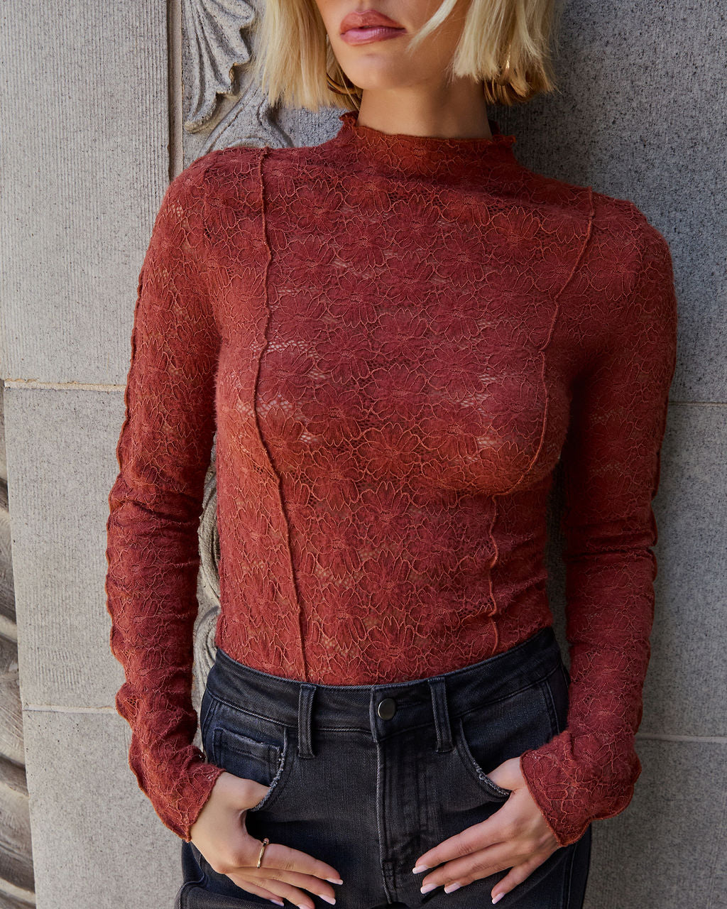 For Keeps Sheer Lace Mock Neck Top