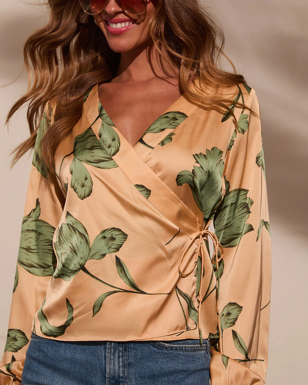 Sunlit Tropics Satin Surplice Top