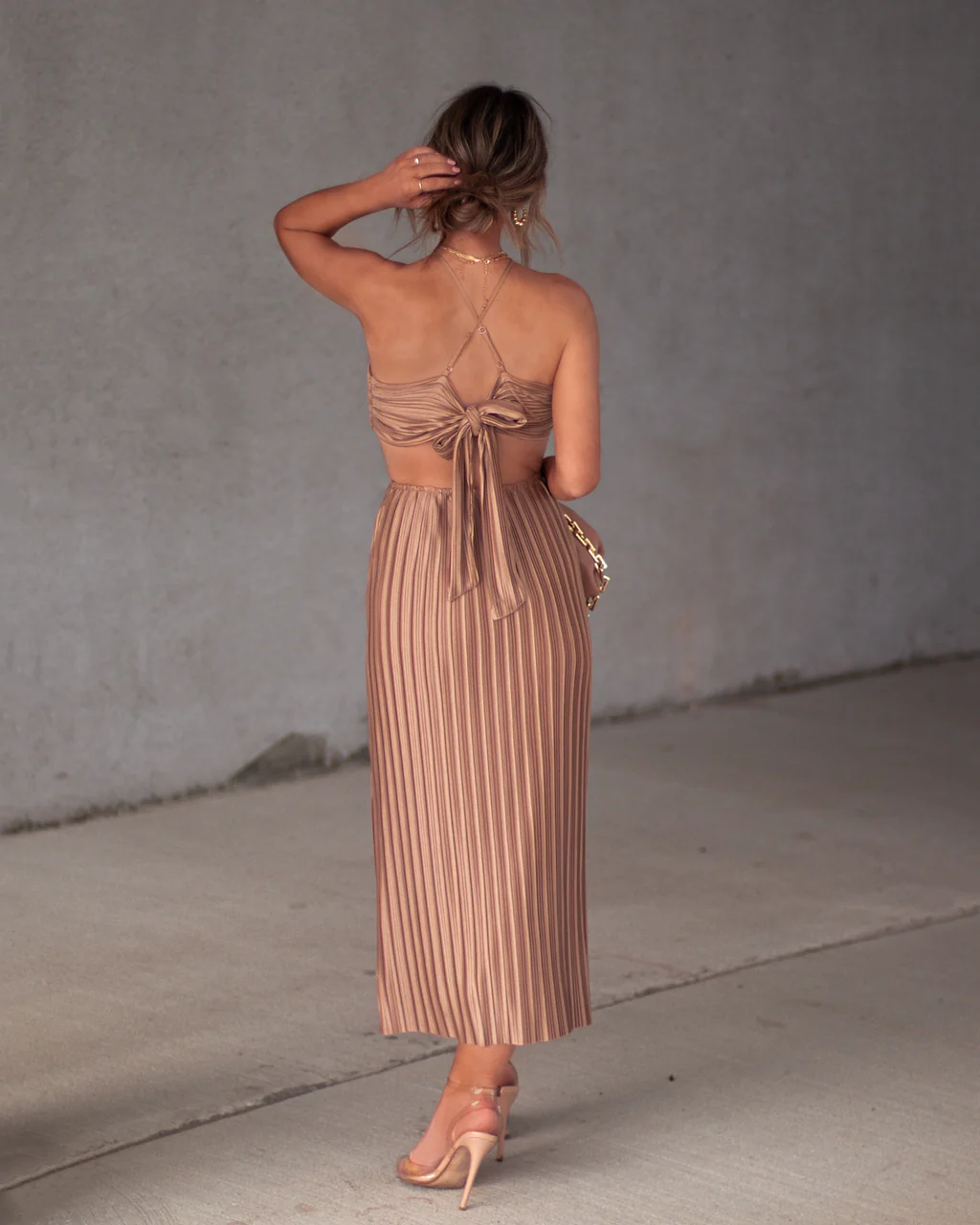 Hollywood Dreams Pleated Tie Back Midi Dress