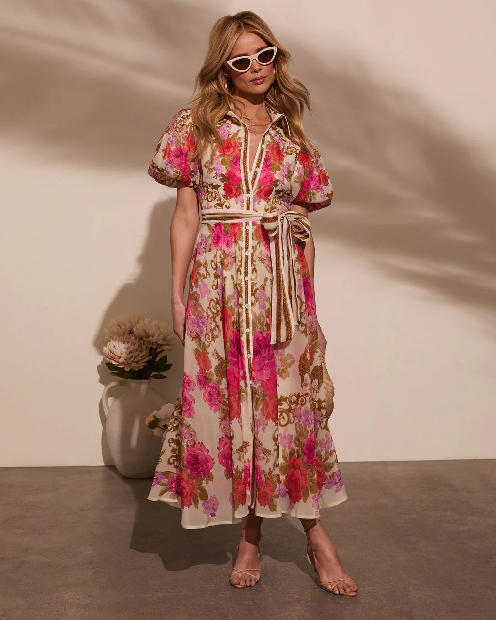 Meadowlane Floral Waist Tie Midi Dress