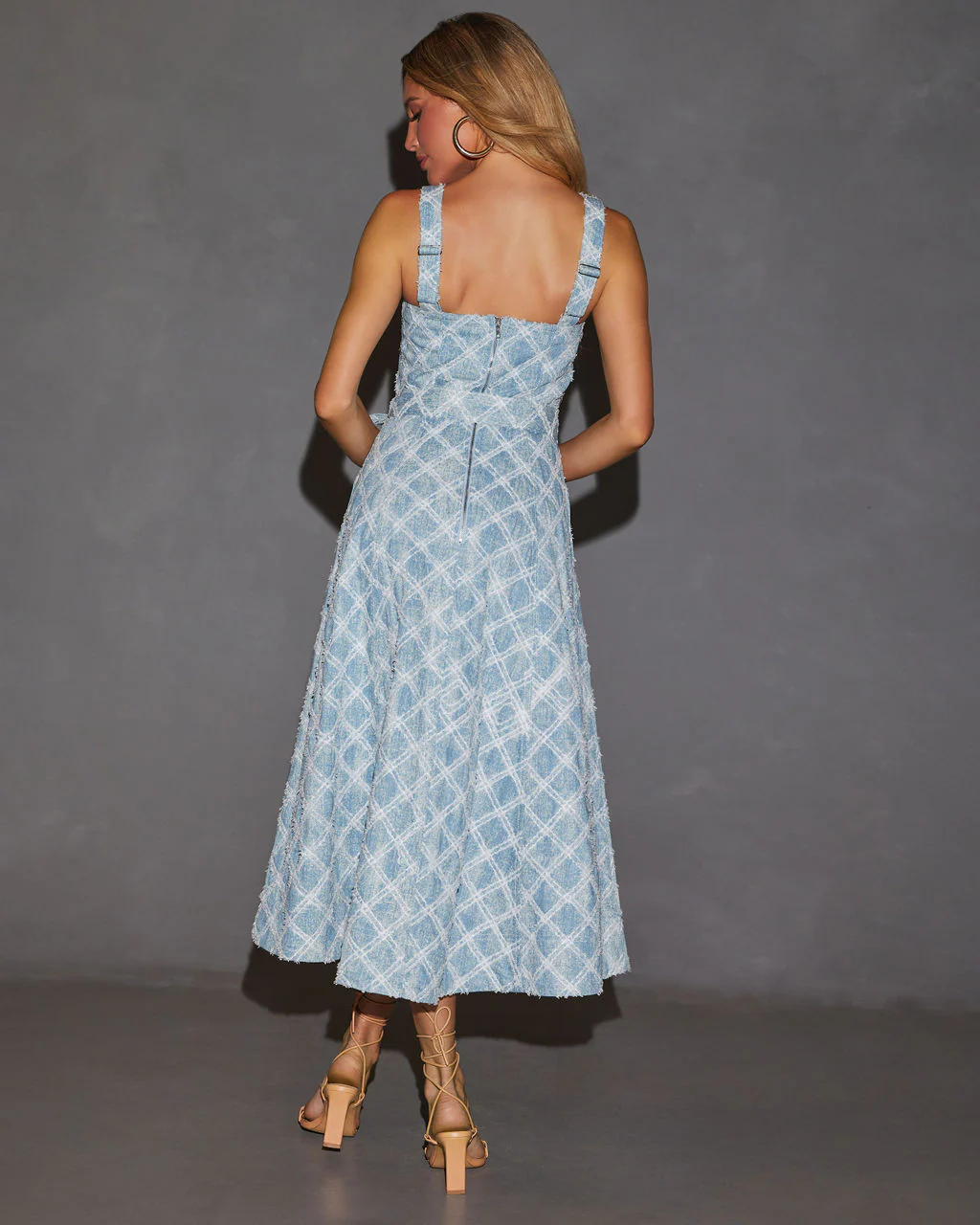 Syndi Tie Waist Printed Denim Midi Dress