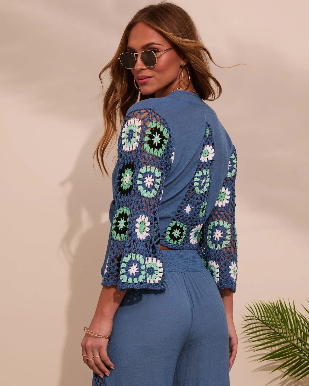 Josia Tie Front Crochet Sleeve Crop Top